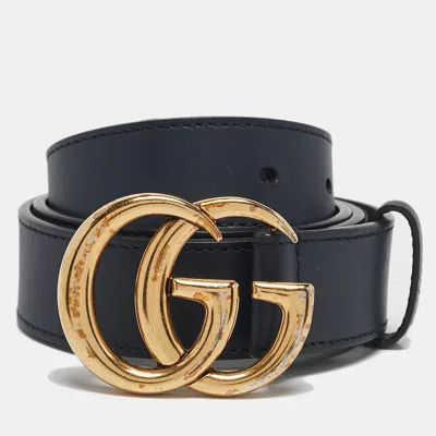 Pre-owned Gucci Navy Blue Leather Gg Marmont Buckle Belt 90 Cm