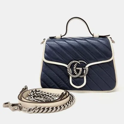 Pre-owned Gucci Navy Blue Leather Gg Marmont Mini Top Handle Bag