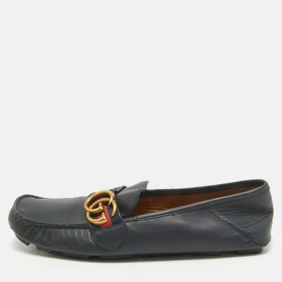 Pre-owned Gucci Navy Blue Leather Gg Marmont Web Driver Slip On Loafers Size 39