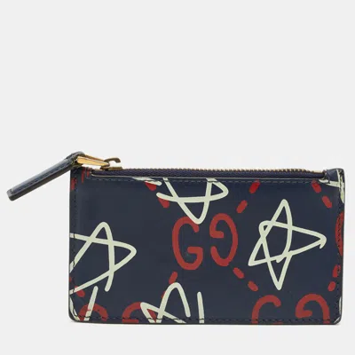 Pre-owned Gucci Navy Blue Leather Ghost Coin Zip Card Holder