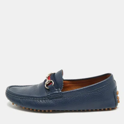 Pre-owned Gucci Navy Blue Leather Horsebit Loafers Size 40
