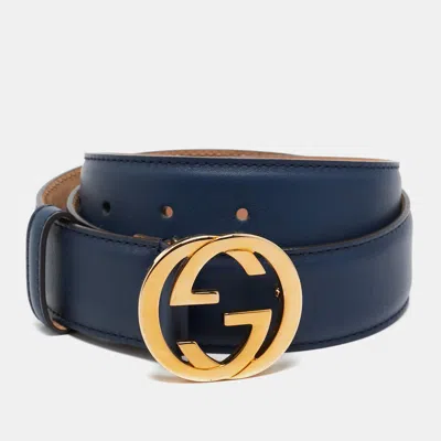 Pre-owned Gucci Navy Blue Leather Interlocking G Buckle Belt 80 Cm