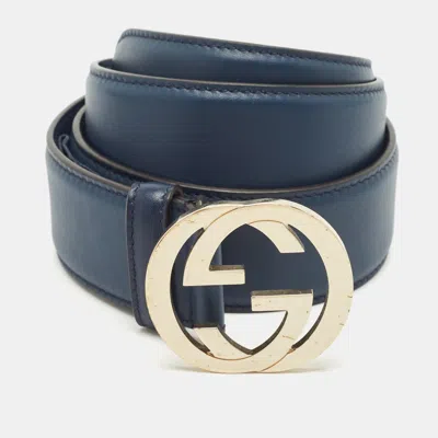 Pre-owned Gucci Navy Blue Leather Interlocking G Buckle Belt 80cm