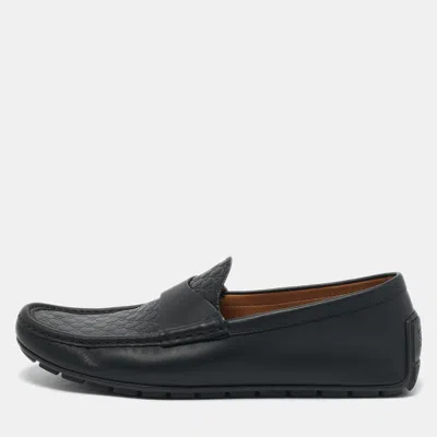 Pre-owned Gucci Navy Blue Leather Interlocking G Loafers Size 44