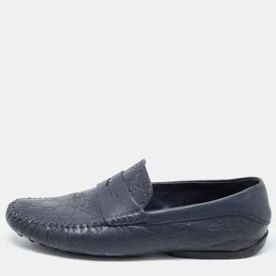 Pre-owned Gucci Navy Blue Leather Penny Slip On Loafers Size 42.5