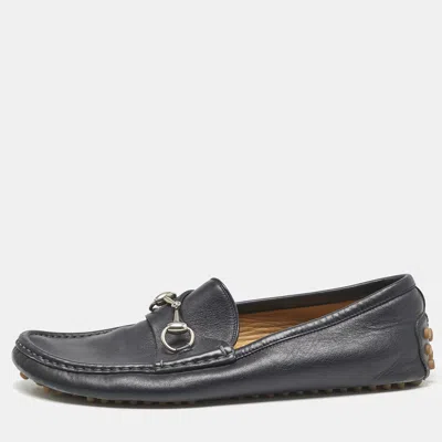 Pre-owned Gucci Navy Blue Leather Web Horsebit Loafers Size 42.5