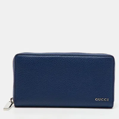 Pre-owned Gucci Navy Blue Leather Zip Around Continental Wallet