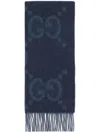 Gucci Gg-pattern Fringed Scarf In Navy Blue