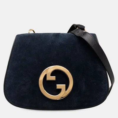 Pre-owned Gucci Navy Blue Medium Suede Blondie Crossbody
