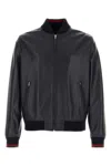 Gucci Signature Web Leather Bomber Jacket In Blue