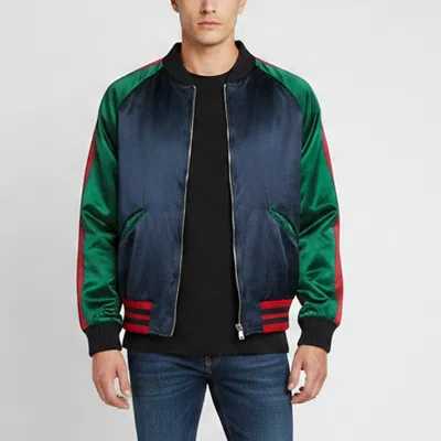 Pre-owned Gucci Navy Blue Panther Applique Silk Satin Bomber Jacket Xxl