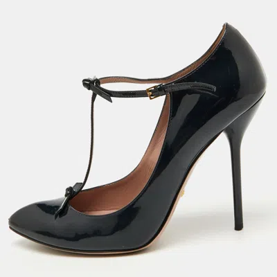 Pre-owned Gucci Navy Blue Patent Leather Beverly T-strap Bow Pumps Size 39