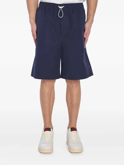 Gucci Men Navy Blue Poplin Bermuda Shorts In Multi