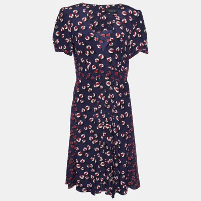 Pre-owned Gucci Navy Blue Printed Silk Flared Midi Dress M