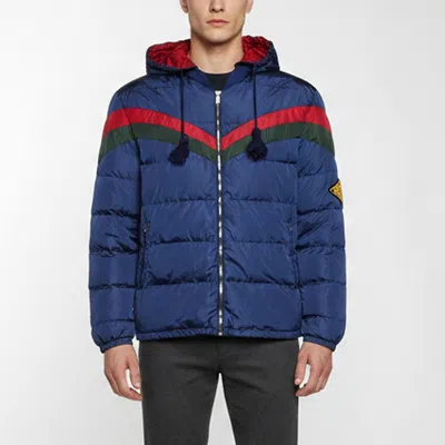 Pre-owned Gucci Navy Blue Red/green Chevron Stripe Nylon Quilted Down Jacket Xl