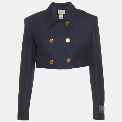 Pre-owned Gucci Navy Blue Slub Double Breasted Cropped Jacket S