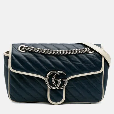 Pre-owned Gucci Navy Blue Small Gg Marmont Matelasse Leather Torchon Flap Crossbody