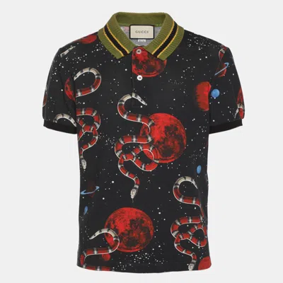 Pre-owned Gucci Navy Blue Space And Snake Printed Cotton Polo T-shirt M