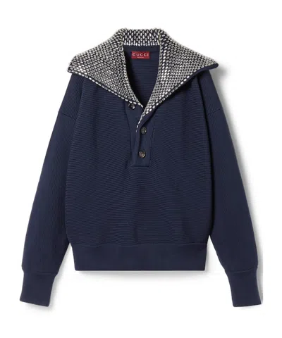Gucci Navy Blue Stretch Cotton Blend Polo Shirt