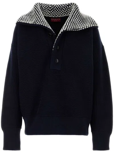 Gucci Navy Blue Rib Cotton Sweater With Embroidery