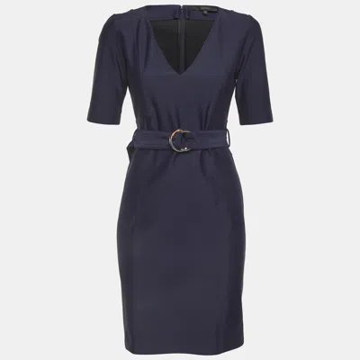 Pre-owned Gucci Navy Blue Stretch Knit Belted Mini Dress M