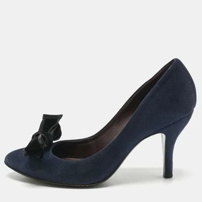 Pre-owned Gucci Navy Blue Suede And Velvet Bow Pumps Size 36.5
