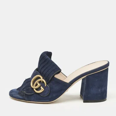 Pre-owned Gucci Navy Blue Suede Horsebit Slide Sandals Size 36
