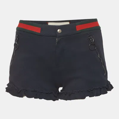Pre-owned Gucci Navy Blue Synthetic Twill Web Stripe Ruffle Shorts Xs