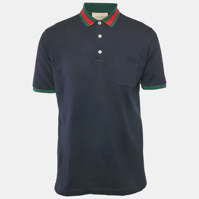 Pre-owned Gucci Navy Blue Web Collar Cotton Pique Polo T-shirt S
