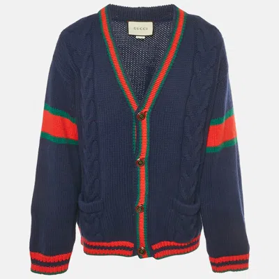 Pre-owned Gucci Navy Blue Web Intarsia Cable Knit Cardigan Xl