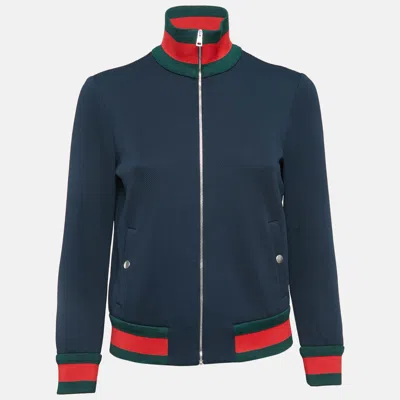 Pre-owned Gucci Navy Blue Web Nylon Drill Zip-up Jacket S