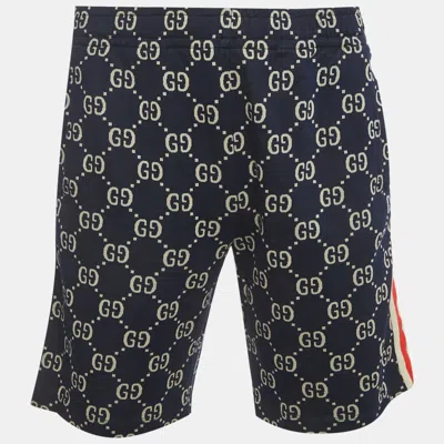 Pre-owned Gucci Navy Blue Web Striped Monogram Jacquard Knit Shorts L