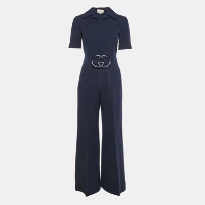 Pre-owned Gucci Navy Blue Wool Blend Logo Belted Flared Jumpsuit S