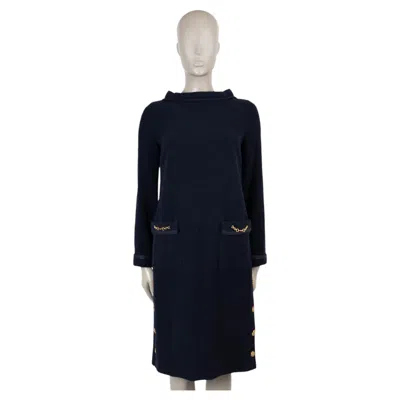 Pre-owned Gucci Navy Blue Wool Braid Trim Tweed Midi Dress 40 S