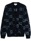 Gucci Mens Monogram-print V-neck Relaxed-fit Wool-blend Cardigan Navy Mc Xl In Blue