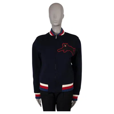 Pre-owned Gucci Navy Blue Wool Jersey 2016 Panther Bomber Jacket 48 Mens Or Women's L