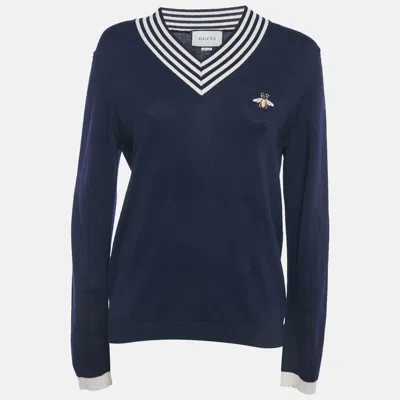 Pre-owned Gucci Navy Blue Wool Knit V-neck Sweater S
