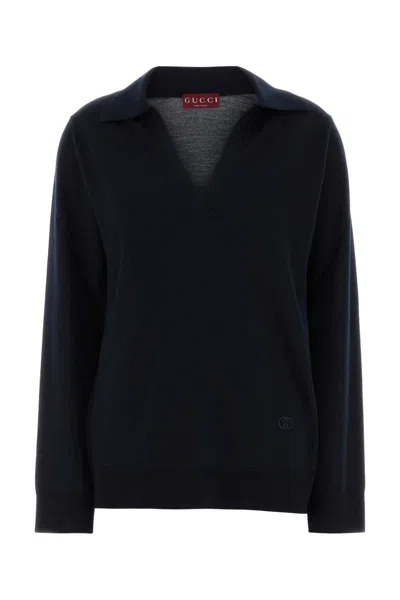 Gucci Oversized Wool Polo Shirt V-neckline In Blue