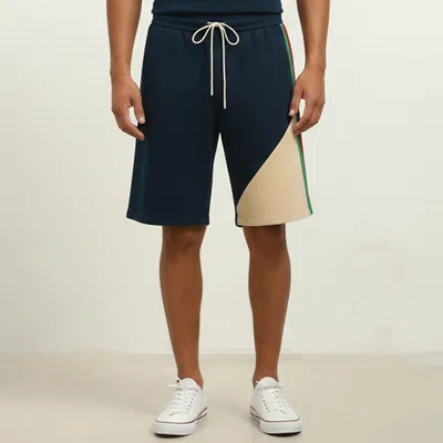 Pre-owned Gucci Navy Blue/beige Wool Blend Basket Shorts L