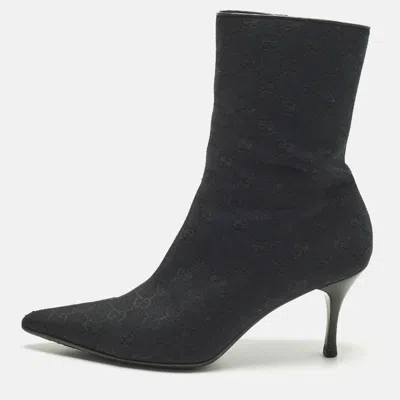 Pre-owned Gucci Navy Blue/black Gg Canvas Pointed Toe Ankle Length Boots Size 39