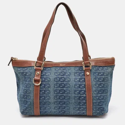 Pre-owned Gucci Navy Blue/brown Monogram Denim And Leather Tote
