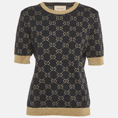 Pre-owned Gucci Navy Blue/gold Logo Pattern Lamé Cotton Blend Top Xl