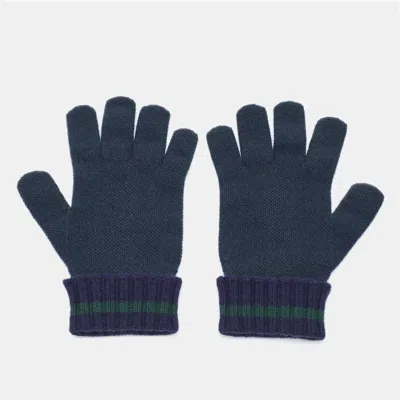 Pre-owned Gucci Navy Blue/green Gg Cashmere Knit Gloves L