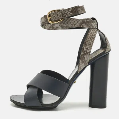 Pre-owned Gucci Navy Blue/grey Leather And Snakeskin Ankle Strap Sandals Size 38