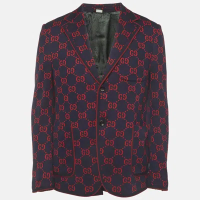 Pre-owned Gucci Navy Blue/red Gg Jacquard Knit Blazer L In Black