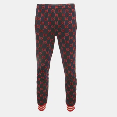 Pre-owned Gucci Navy Blue/red Gg Jacquard Knit Joggers L