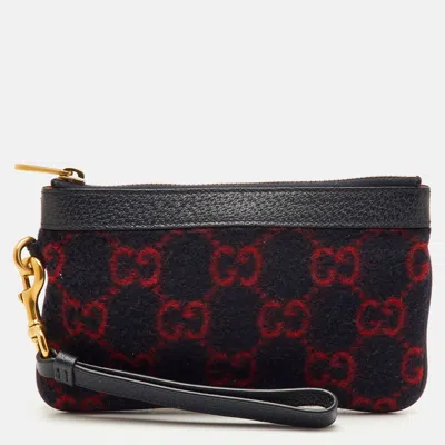 Pre-owned Gucci Navy Blue/red Gg Wool And Leather Pouch Clutch