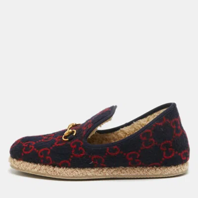Pre-owned Gucci Navy Blue/red Gg Wool Fria Espadrille Flats Size 41