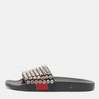 Pre-owned Gucci Navy Blue/red Web Leather Crystal Embellished Slides Size 35