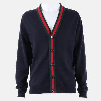 Pre-owned Gucci Navy Blue/red Wool Cardigan Size L